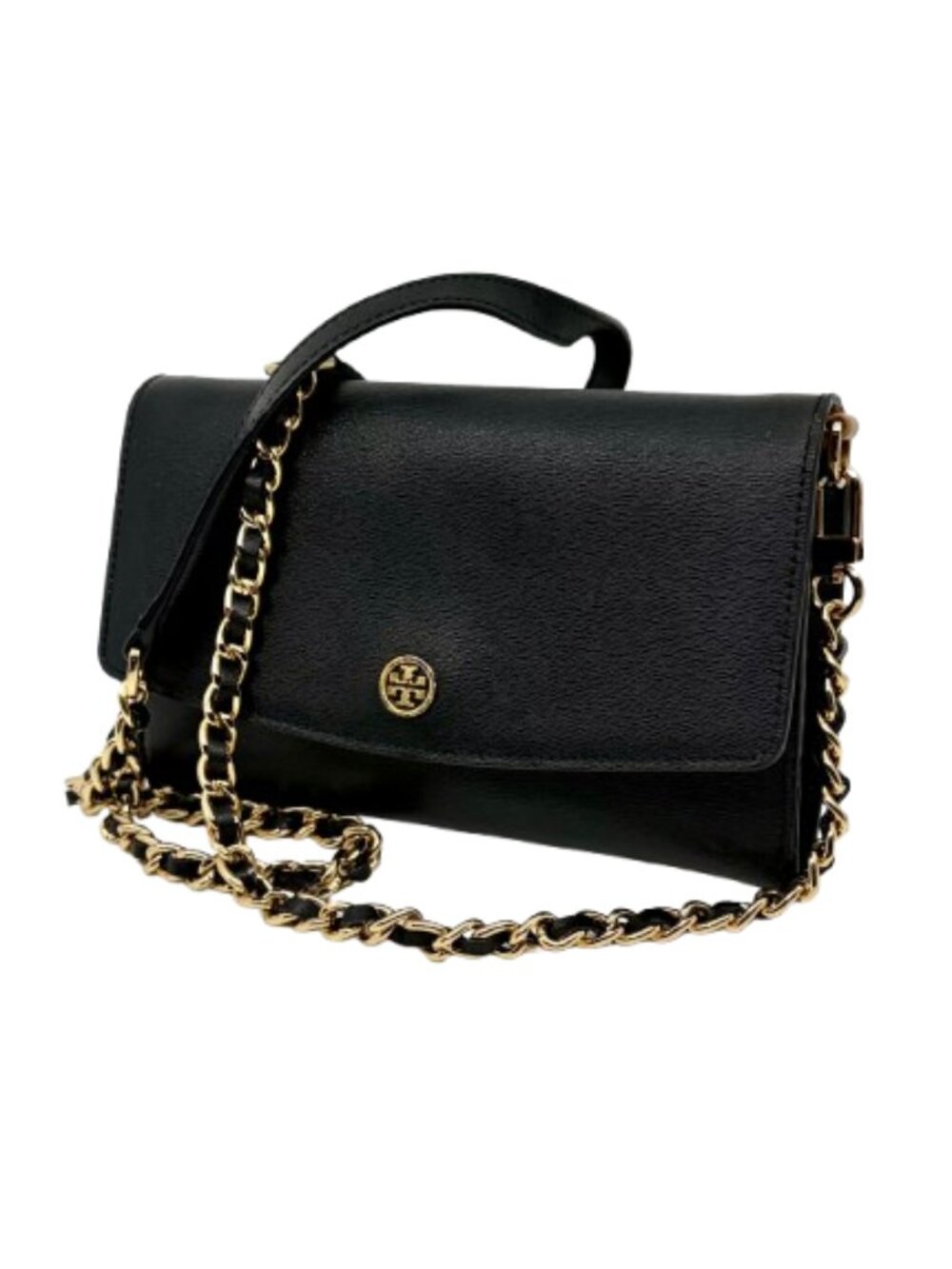 TORY BURCH~Robinson~BLACK SAFFIANO LEATHER CHAIN WALLET CROSSBODY BAG